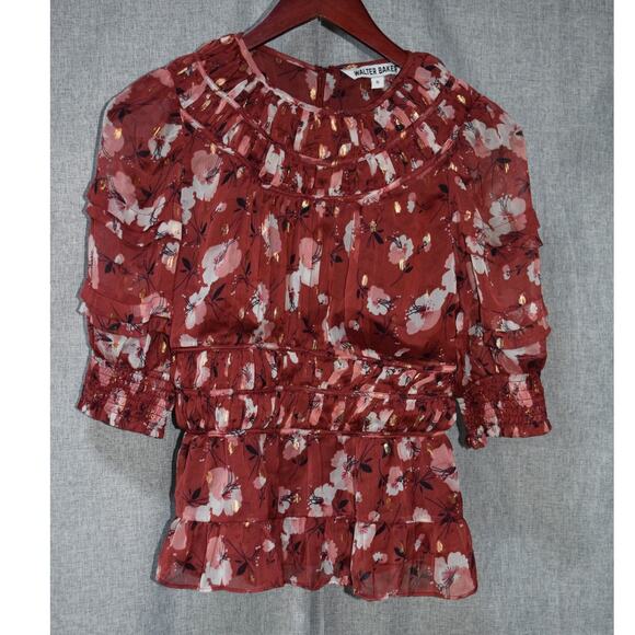 Walter Baker Floral Metallic Ruffle Peplum Blouse Size S - Picture 1 of 3
